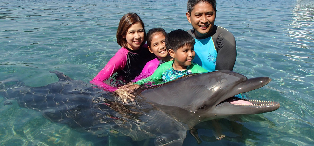 Family taking photo with a dolphin